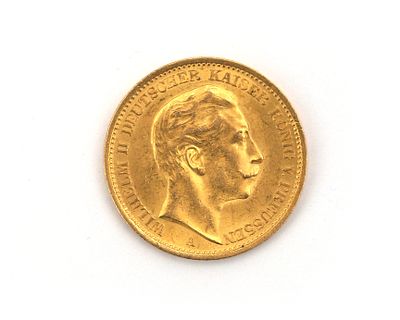A gold coin, twenty marks, Emperor Wilhelm II, Germany, 1908 Front: Wilhelm II, reverse: 