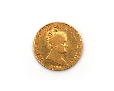 A gold coin. 80 Reales, Isabella II (1930-1904), Spain 1835 Front: portrait Isabella II (reign 