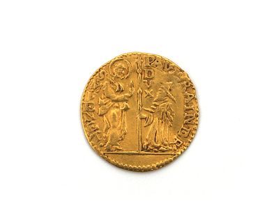 A gold coin, 1 zecchino, Paolo Renier, Italy, Republic of Venice, 1779-1789 Front: the Doge of 