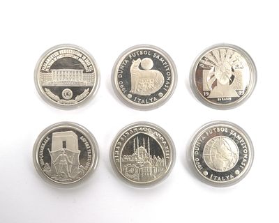 A lot of six silver coins, Turkey, 1990 (6) Released on the occasion of the FIFA World Cup. 