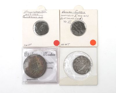 Four coins, two bronze and two silver, Papal States, present Vatican, 17th century The silver 