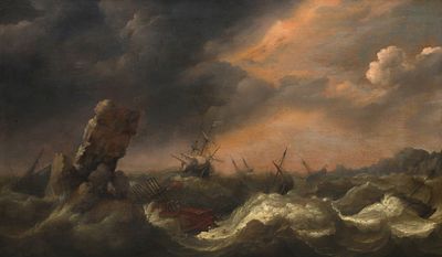 Adam Willaerts (1577-1664), Ships in turbulent waters with shipwreck of an Ottoman galley on a 