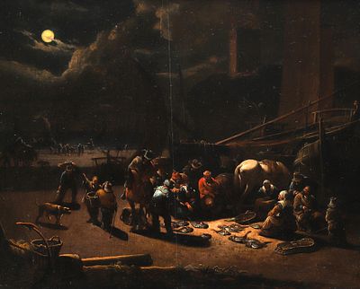 Egbert Lievensz van der Poel (1621-1664), 'Moonlit beach scene with fishermen unloading their 
