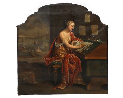 European school (18th century), Chimney piece with the personification of commerce Monogrammed 