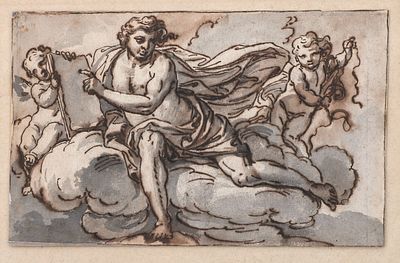 Flemish school, circa 1680, Prophet floating on clouds surrounded by putti Unsigned. Ink and 