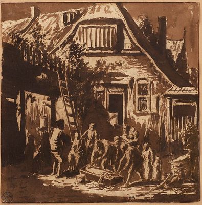 Abraham Rademaker (1675-1735) after Adriaen van Ostade (1610-1685), Slaughter of an ox in a 