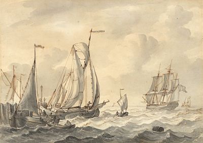 Gerrit Groenewegen (1754-1826) attributed to, Three-master and fishing boats near the shore 