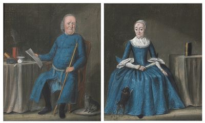 Rienk Jelgerhuis (1729-1806), Two portraits of a gentleman and woman with dog Female portrait 