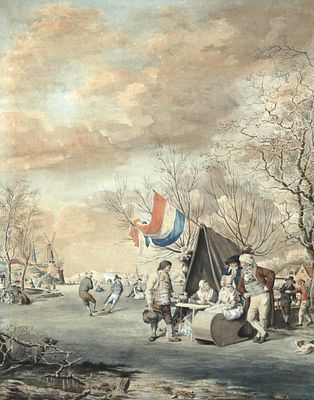 Jacobus Perkois (1756-1804), Winter landscape with ice fun and biscuits in the foreground 