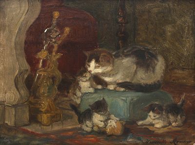 Henriette Ronner-Knip (1821-1909), Mother cat with romping kittens in front of a fireplace 