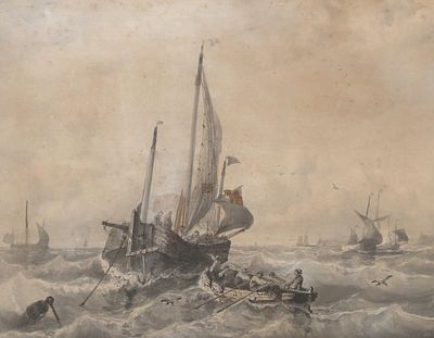 Albert van Beest (1820-1860), 'Fishing boats in churning waters' signed 'Albert van Beest' 