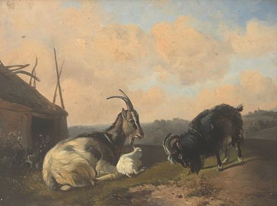 Louis Robbe (1806-1887) attributed to 'Goat, billy goat and a lamb in a sunny meadow' 