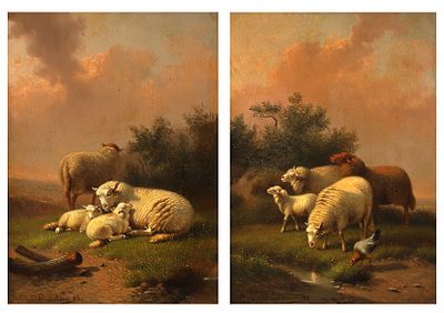 Joseph van Dieghem (1843-1885), Two pendants 'Landscape with resting sheep'. Both signed 'J. 