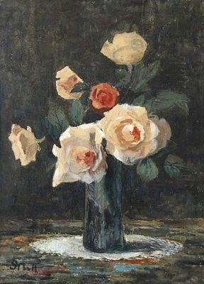 Sientje Mesdag van Houten (1834-1909), Flower still life with roses in a blue vase Signed 