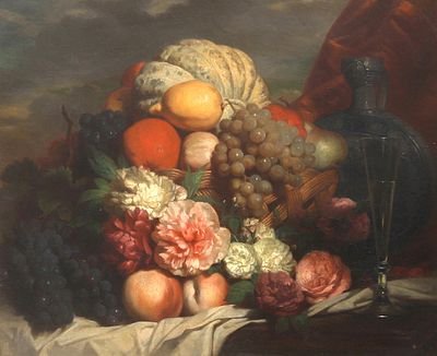 Hendrik Reekers (1815-1854), 'Flower and fruit still life with flute glass and Westerwald jug' 