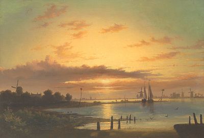 Willem Gruyter Jr (1817-1880) attributed to, 'Sailing ships on a river with windmills at dusk' 
