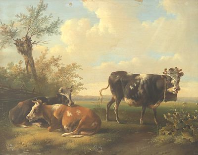Albertus Verhoesen (1806-1881), Cows in the milk pasture Signed 'A. Verhoesen' bottom right. 