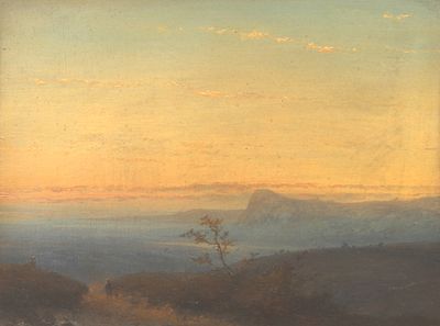 Johannes Franciscus Hoppenbrouwers (1819-1866), 'Mountain landscape with setting sun' Signed 