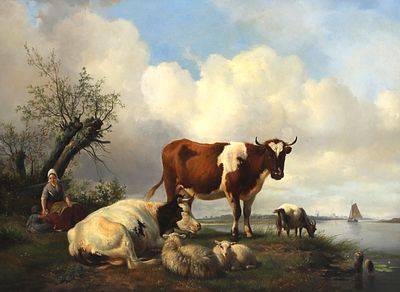 Hendrikus van der Sande Bakhuyzen (1795-1860), River view with cattle and figures and the city 