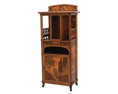 &Eacute;mile Gall&eacute; (1846-1904) A wooden music cabinet with a marquetry depiction of fuchsias and 