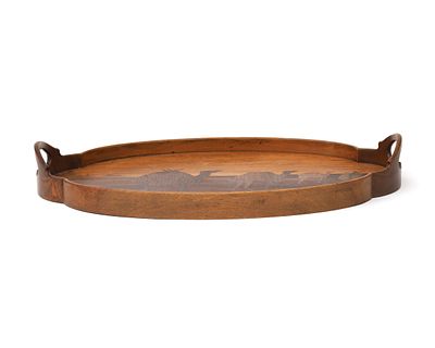 &Eacute;mile Gall&eacute; (1846-1904) An oval walnut serving tray with marquetry of various exotic woods 