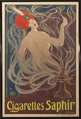 Stephano A polychrome printed poster 'Cigarettes Saphir' in black lacquered wooden frame 