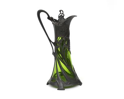 WMF - W&uuml;rttembergische Metallwarenfabrik A pewter and green-glass wine carafe, design WMF 