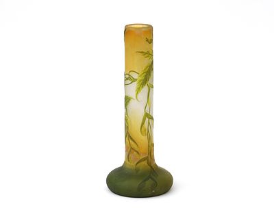 &Eacute;mile Gall&eacute; (1846-1904) A green cameo glass cylindrical vase with disc-shaped foot with flower 