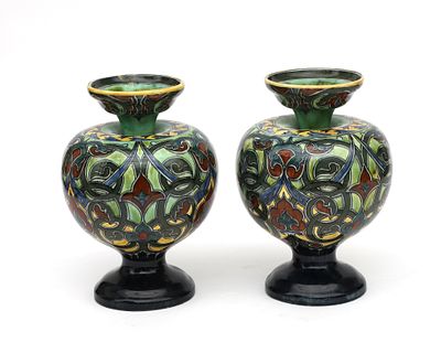 N.V. Haagsche Plateelfabriek Rozenburg, The Hague Two polychrome painted earthenware baluster 