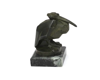 Max le Verrier (1891-1973) A green patinated metal sculpture of a pelican, on square green 
