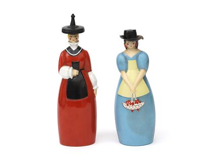 Robj, Paris Two porcelain bottles with stopper in the shape of two women, circa 1930. Signed on 