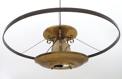 Art Deco Two round metal four-light pendant lights, 1930s/40s. With brass shade and black 