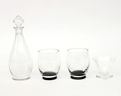 A. D. Copier (1901-1991) A clear-glass 'Romanda' liqueur carafe, design 1923. Two water glasses 
