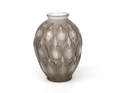 Ren&eacute; Delvenne (XIX-XX) A frosted grey pressed glass vase, model Girofla, design Cristalleries 