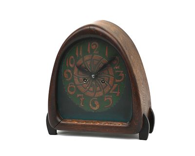 Amsterdam School A pendulum clock with green lacquered dial in parabolic oak case, design and 