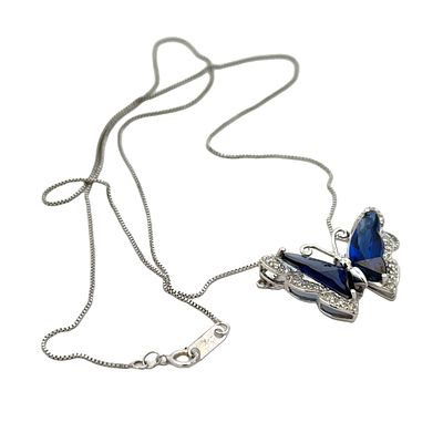 Synthetic Sapphire and Diamond Butterfly Pendant Necklace in 10K White Gold. Metal type: 10k