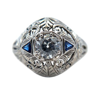 Estate Diamond and Synthetic Sapphire Ring in 18K White Gold. Estate, Metal type: 18K White Gold