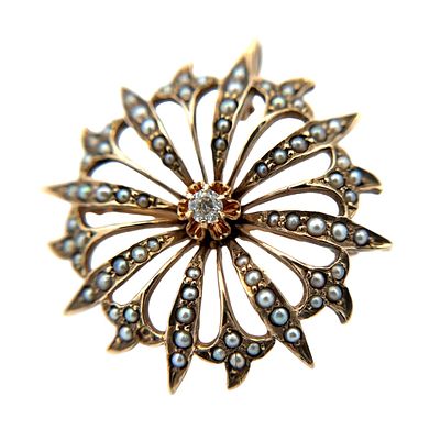 Antique Seed Pearl and Diamond Starburst Brooch, 9K Rose Gold. 9K Rose gold antique starburst