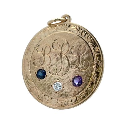 14K Gold Engraved Initials Pendant with Gemstones, 14K Gold. 14 karat yellow gold initials