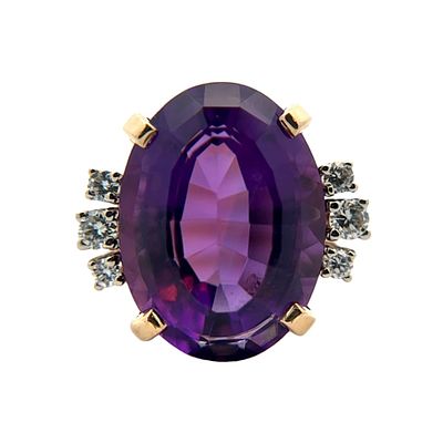 11.93ct Amethyst and Diamond Ring, 14K Gold. 14 karat yellow gold ring with 11.93ct oval