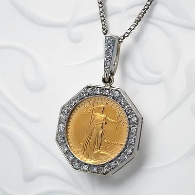 Gold $5 Dollar Coin 1/10oz Pendant with Diamond and Necklace in 14K Two-Tone Gold. Metal type:
