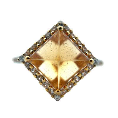 Gold Tone Sterling Silver Citrine Ring. Gold tone sterling silver ring with 6.59ct sugarloaf cut