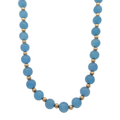 14K Gold Blue Gemstone Bead Choker Necklace. Vintage 14K Gold beaded blue gemstone choker
