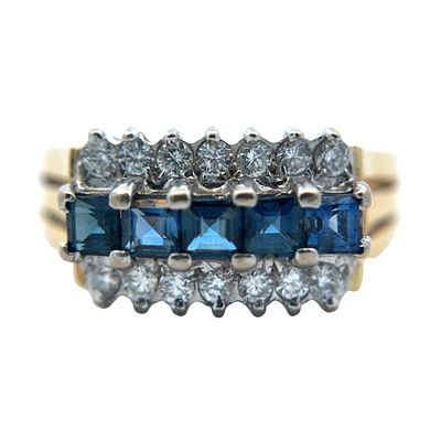 Sapphire and Diamond Ring, 18K Gold. 18 karat gold ring with five carre cut sapphires at 0.68ctw