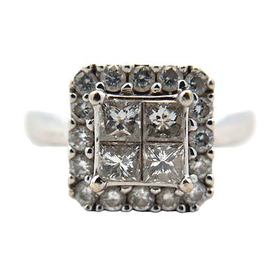 14K White Gold Cluster Diamond Ring, 1.0CTW. 14K white gold ring with princess and round