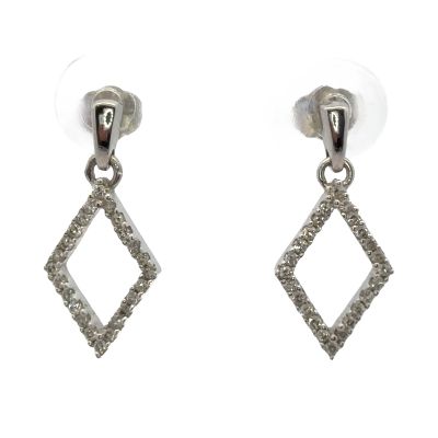 14K White Gold Kite Dangle Earrings with Diamonds. 14 karat white gold dangle earrings with