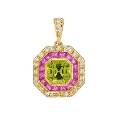 Art Deco Gold Pendant with Peridot and Ruby. Title/Medium: Art Deco Gold Pendant with Peridot 