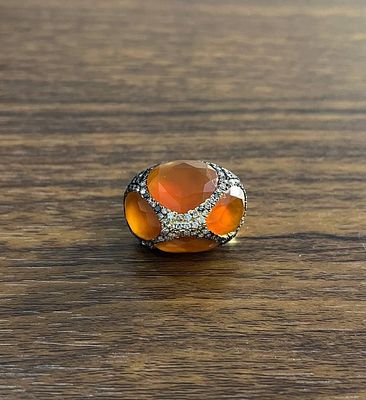 14K Gold Faceted Orange Carnelian Statement Ring. Title: 14K Gold Faceted Orange Carnelian 