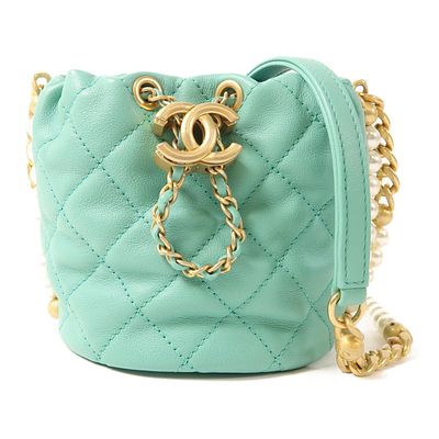 Chanel Green Sheepskin Pearl Bucket Bag. Title: Chanel Green Sheepskin Leather Pearl Bucket 
