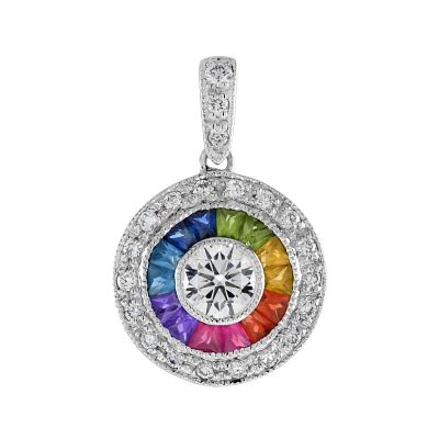 Colorful Art Deco Style Diamond Halo Pendant. Title/Medium: Art Deco Style Diamond and Rainbow 